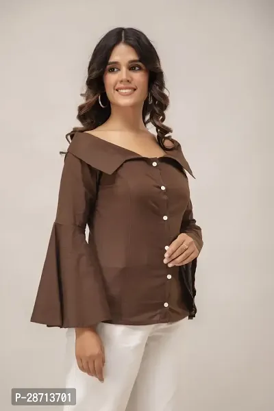 Stylish Brown Cotton Solid Bell Sleeves Top For Women