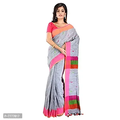 Aishani Collection Embroidered Khaddar Cotton Jamdani Handloom Women's Saree with bp (Ash, Multicolor)-thumb0