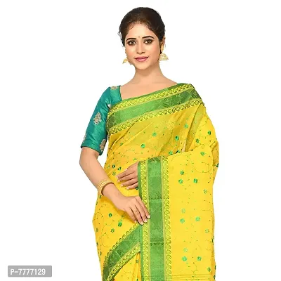 Aishani Collection Embroidered Pure Cotton Tant Jamdani Handloom Saree (Yellow, Green)-thumb5