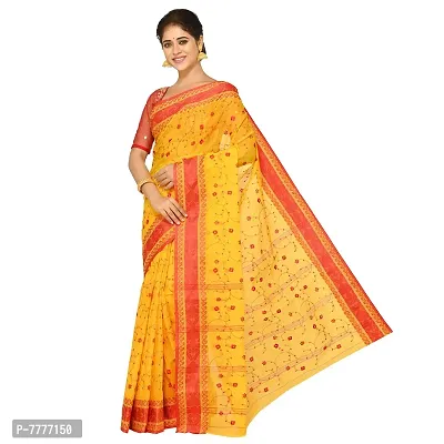 Aishani Collection Embroidered Pure Cotton Tant Jamdani Handloom Saree (Yellow,Red)-thumb3