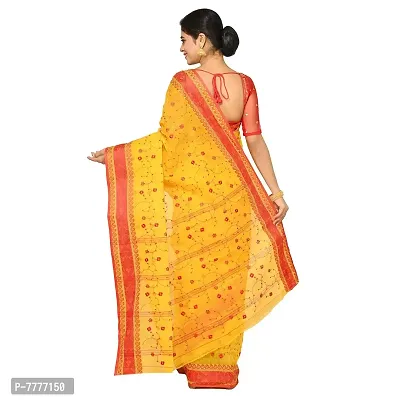 Aishani Collection Embroidered Pure Cotton Tant Jamdani Handloom Saree (Yellow,Red)-thumb2