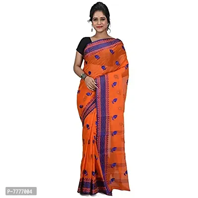 Aishani Collection Pure Cotton Tant Jamdani Handloom Saree (Orange, Blue)-thumb0