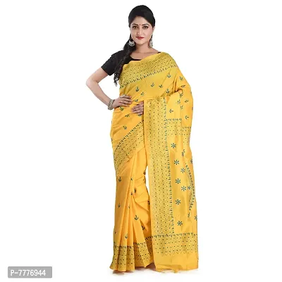 Aishani Collection Assam Art Silk Hand ebroidered Kantha stitch Women's Saree with Bp (Yellow)-thumb0