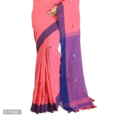 Aishani Collection Women's Khadi Cotton Embroidered Traditional Jamdani Bengal Handloom Saree (Carrot Pink)-thumb5