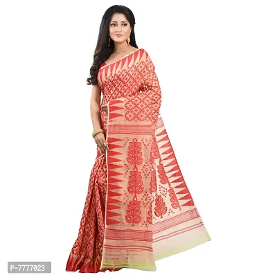 Aishani Collection Woven Soft Cotton Silk Dhakai Jamdani Women's Handloom Saree (Beige Red)-thumb3