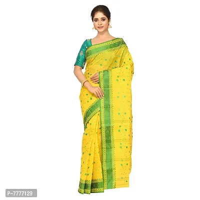 Aishani Collection Embroidered Pure Cotton Tant Jamdani Handloom Saree (Yellow, Green)-thumb0