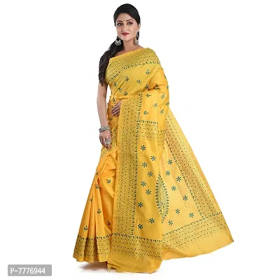 Aishani Collection Assam Art Silk Hand ebroidered Kantha stitch Women's Saree with Bp (Yellow)-thumb3