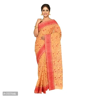 Aishani Collection Embroidered Pure Cotton Tant Jamdani Handloom Saree (Beige, Red)