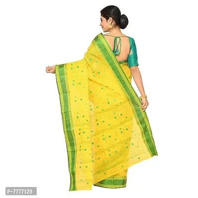 Aishani Collection Embroidered Pure Cotton Tant Jamdani Handloom Saree (Yellow, Green)-thumb2