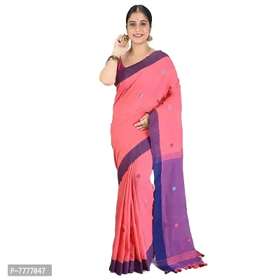 Aishani Collection Women's Khadi Cotton Embroidered Traditional Jamdani Bengal Handloom Saree (Carrot Pink)