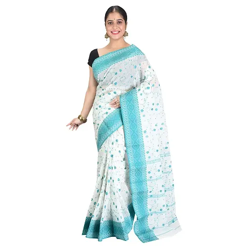 Aishani Collection Embroidered Pure Tant Tangaile Handloom Women's Saree (White, Green)