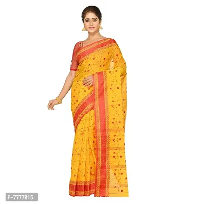 Aishani Collection Pure Cotton Tant Jamdani Saree (Yellow,Red)-thumb0