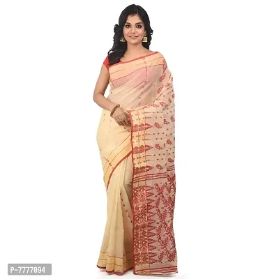 Aishani Collection Women's Pure Cotton Tant Baluchari Saree (Beige Red)-thumb0