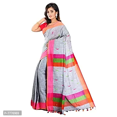 Aishani Collection Embroidered Hand Spun Cotton Handloom saree with blouse piece (Ash)-thumb3