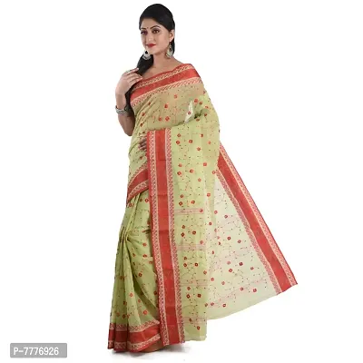 Aishani Collection Embroidered Pure Cotton Tant Jamdani Handloom Women's Saree (Green, Red)-thumb3