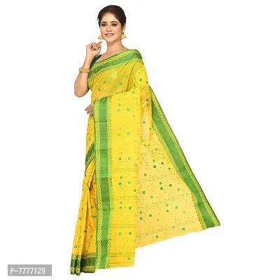 Aishani Collection Embroidered Pure Cotton Tant Jamdani Handloom Saree (Yellow, Green)-thumb3