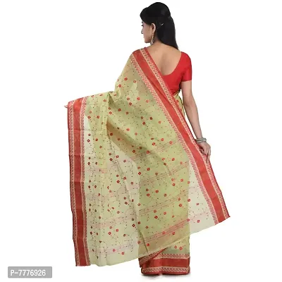 Aishani Collection Embroidered Pure Cotton Tant Jamdani Handloom Women's Saree (Green, Red)-thumb2