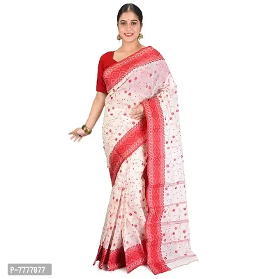 Aishani Collection Women's Pure Cotton Fulia Tant Tangail Handloom Saree (White Red)