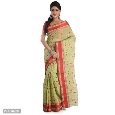 Aishani Collection Embroidered Pure Cotton Tant Jamdani Handloom Women's Saree (Green, Red)