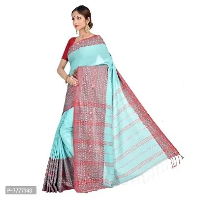 Aishani Collection Woven Hand Spun Cotton Begumpuri Saree with bp (Blue,Red)-thumb3