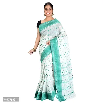 Aishani Collection Embroidered Pure Cotton Tant Tangaile Handloom Women's Saree (White, Green)