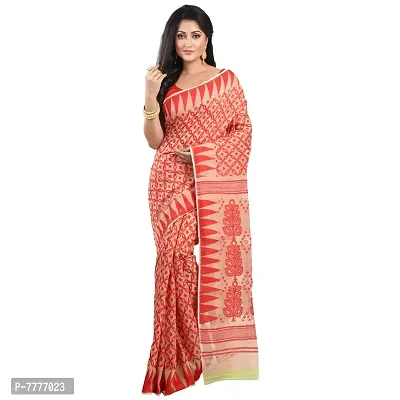 Aishani Collection Woven Soft Cotton Silk Dhakai Jamdani Women's Handloom Saree (Beige Red)