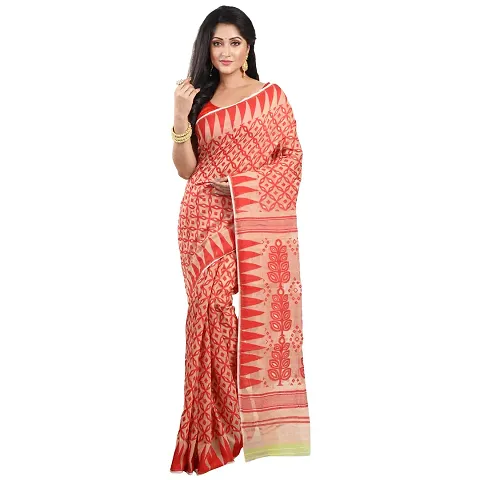 Aishani Collection Woven Soft Silk Dhakai Jamdani Women's Handloom Saree (Beige Red)