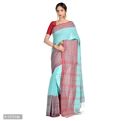 Aishani Collection Woven Hand Spun Cotton Begumpuri Women's Handloom Saree with Blouse Piece (Sea Green, Red)-thumb0