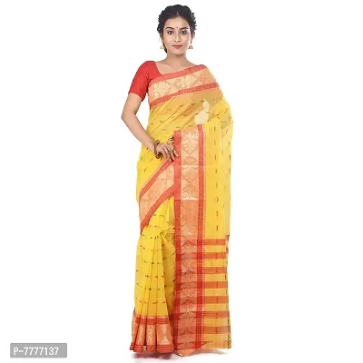 Aishani Collection Women's Shantipur Pure Cotton Tant Saree (Yellow and Red)