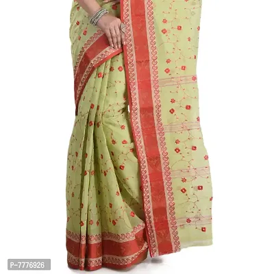 Aishani Collection Embroidered Pure Cotton Tant Jamdani Handloom Women's Saree (Green, Red)-thumb4