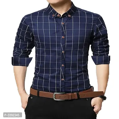 Navy Blue Checked Cotton Slim Fit Casual Shirt