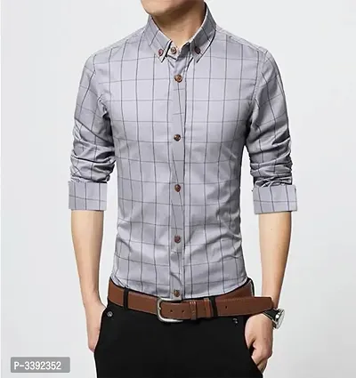 Grey Checked Cotton Slim Fit Casual Shirt