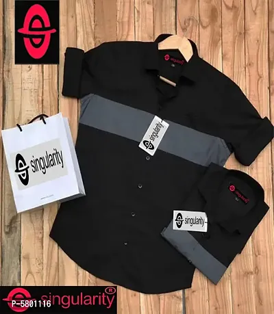 Stylish Cotton Black Colourblocked Long Sleeves Casual Shirt For Men-thumb0