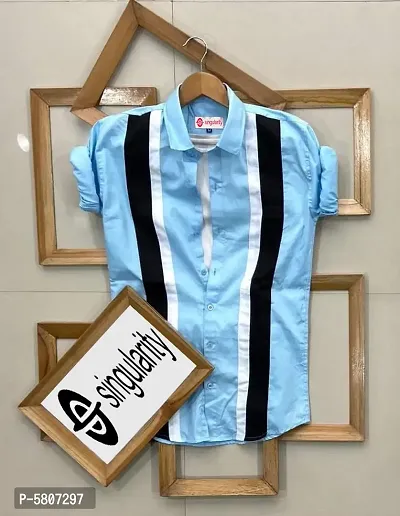 Stylish Turquoise Cotton Striped Regular Fit Casual Shirt For Men