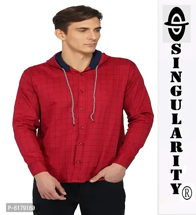 Stylish Cotton Maroon Checked Hooded Neck Long Sleeves Regular Fir Casual Shirt For Men