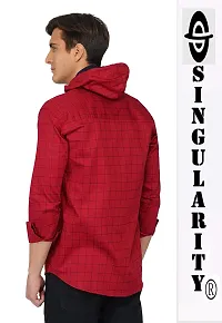 Stylish Cotton Maroon Checked Hooded Neck Long Sleeves Regular Fir Casual Shirt For Men-thumb1