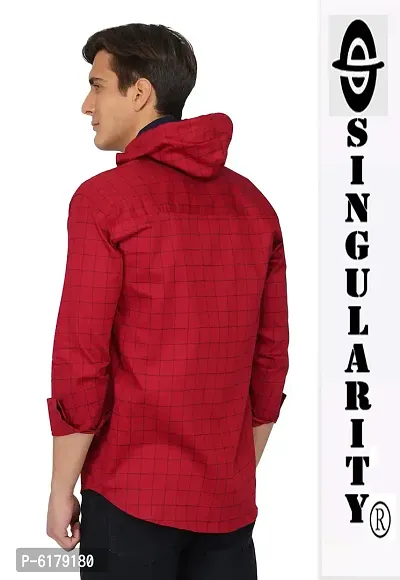 Stylish Cotton Maroon Checked Hooded Neck Long Sleeves Regular Fir Casual Shirt For Men-thumb2