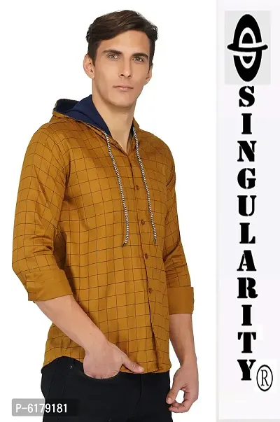 Stylish Cotton Beige Checked Hooded Neck Long Sleeves Regular Fir Casual Shirt For Men