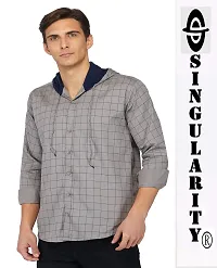 Stylish Cotton Grey Checked Hooded Neck Long Sleeves Regular Fir Casual Shirt For Men-thumb1