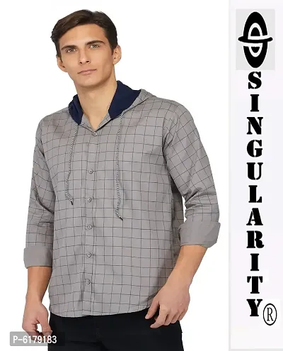 Stylish Cotton Grey Checked Hooded Neck Long Sleeves Regular Fir Casual Shirt For Men-thumb2