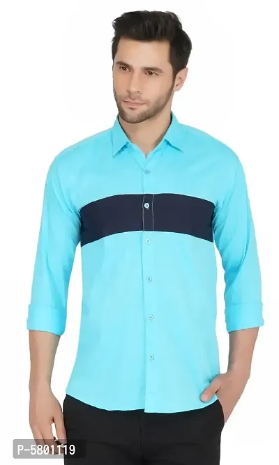 Blue Cotton Blend Colourblocked Casual Shirts For Men-thumb5