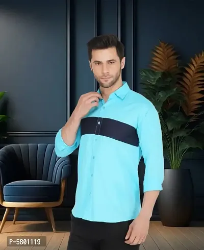 Stylish Cotton Blue Colourblocked Long Sleeves Casual Shirt For Men