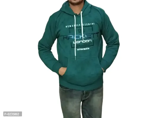 Stylish Turquoise Woolen Printed Hooded Sweatshirt For Men