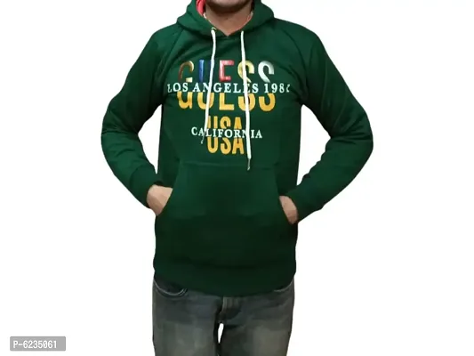 Stylish Green Woolen Printed Hooded Sweatshirt For Men