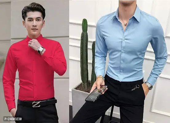 Stylish Lycra Solid Long Sleeve Formal Shirts For Men- Pack Of 2-thumb0