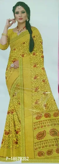 Trendy Silk Yellow Printed Saree With Blouse Piece For Women