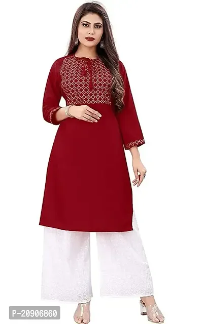 Sr Enterprise Women's Regular Straight Ethnic Rayon Stitched Casual Wear and Office Wear Embroidery Work Kurti (Red) (M)