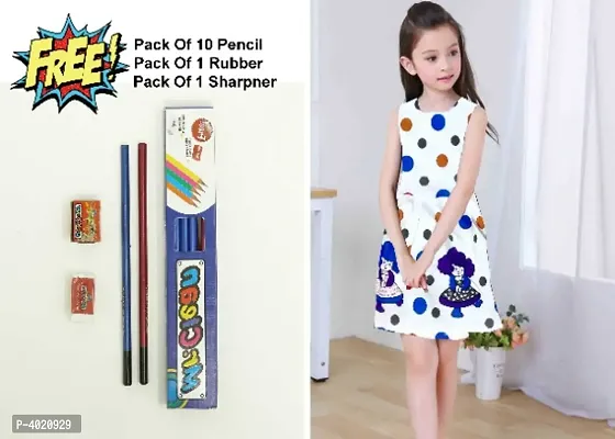 Girl's Printed Frock With Free Pencil Set-thumb0