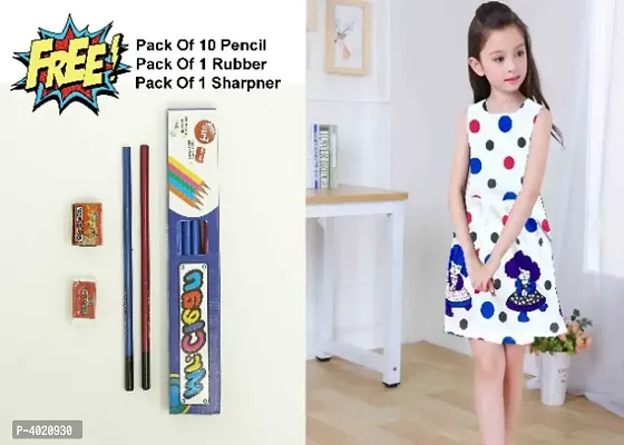 Girl's Printed Frock With Free Pencil Set-thumb0