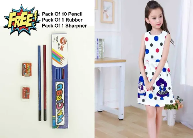 Girl's Printed Frock With Free Pencil Set